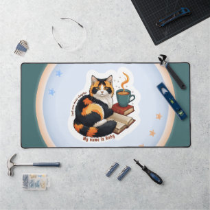 Personalized Cozy Calico Cat Large Teal Desk Mat