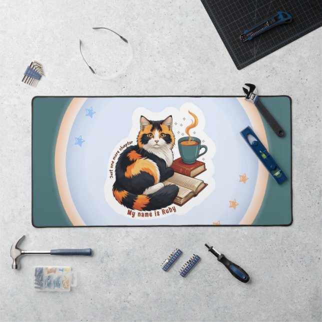 Personalized Cozy Calico Cat Large Teal Desk Mat (Workstation)