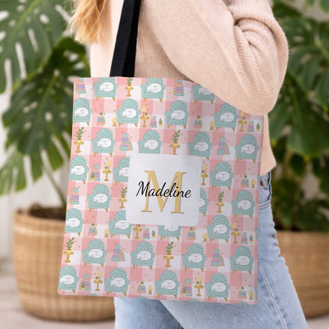 Personalized Cozy Cat & Book Tote Bag Girly Pink (Creator Uploaded)
