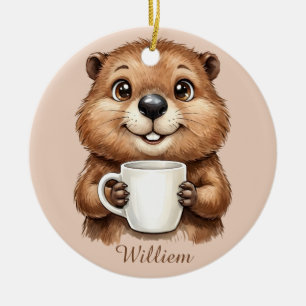 Personalized Cozy Coffee Beaver Woodland Morning Ceramic Ornament