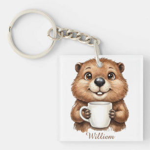 Personalized Cozy Coffee Beaver Woodland Morning Keychain