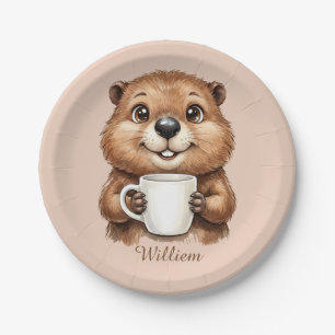Personalized Cozy Coffee Beaver Woodland Morning Paper Plates