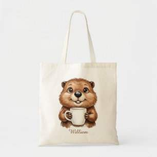 Personalized Cozy Coffee Beaver Woodland Morning Tote Bag