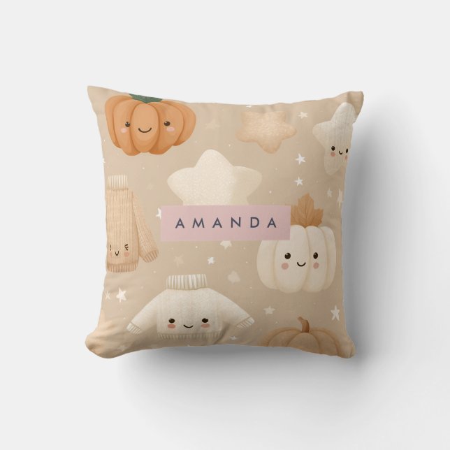 Personalized Cozy Fall  Autumn Neutral Pumpkin  Throw Pillow (Front)