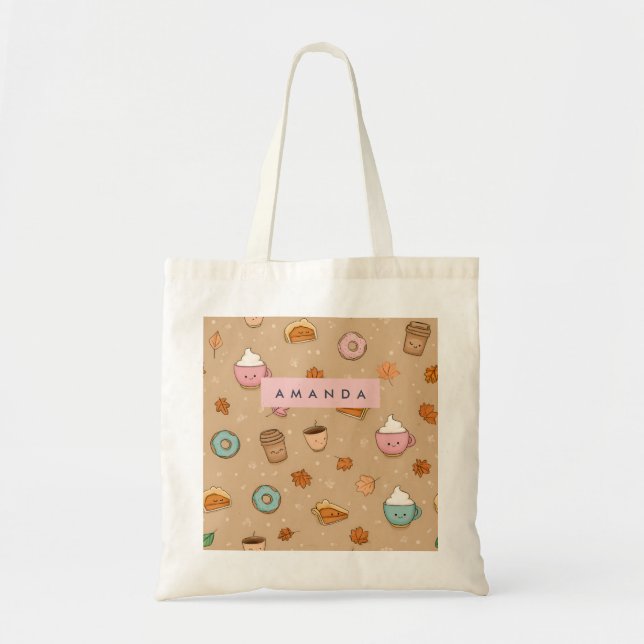 Personalized Cozy Fall Autumn Pumpkin Pie Donut Tote Bag (Front)