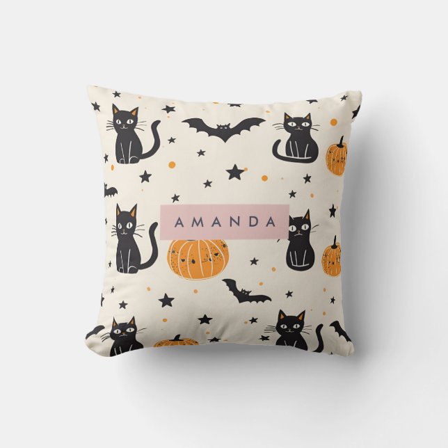 Personalized Cozy Fall Halloween Black Cat Pumpkin Throw Pillow (Front)