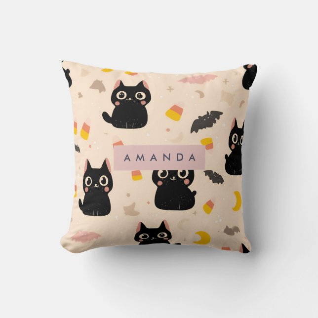Personalized Cozy Fall Halloween Cute Black Cat  Throw Pillow (Front)
