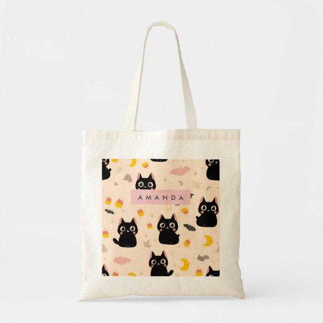Personalized Cozy Fall Halloween Cute Black Cat  Tote Bag (Front)