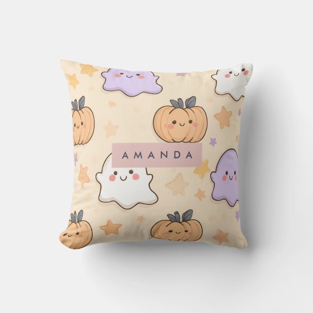 Personalized Cozy Fall Halloween Ghost Pumpkin  Throw Pillow (Front)