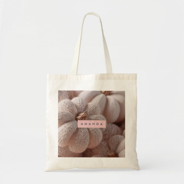 Personalized Cozy Knit Pumpkin Aesthetic Tote Bag (Front)