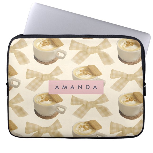 Personalized Cozy Latte & Gingham Bow Pattern Laptop Sleeve (Front)