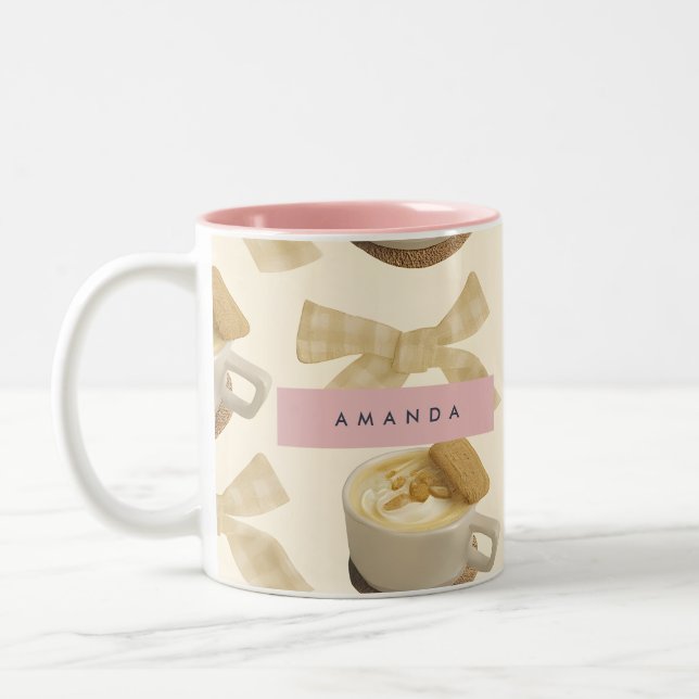 Personalized Cozy Latte & Gingham Bow Pattern Two-Tone Coffee Mug (Left)