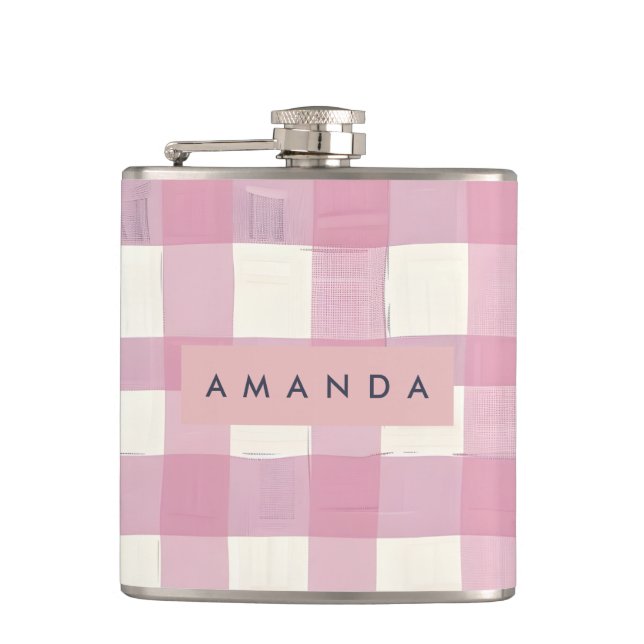 Personalized Cozy Pink Checkered Design Flask (Front)