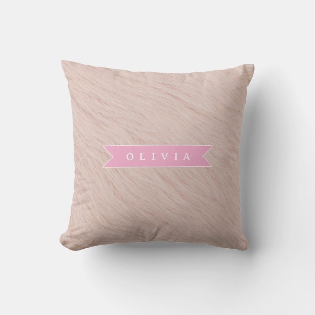 Personalized cozy pink fuzzy faux fur texture throw pillow (Front)