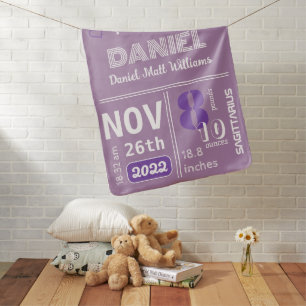 Personalized Cozy Purple Birth Announcement Baby Blanket
