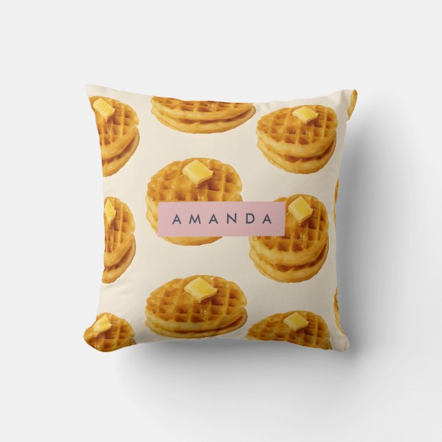 Personalized Cozy Waffle Breakfast Pattern Throw Pillow (Front)