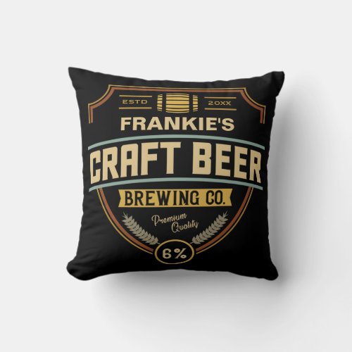 Personalized Craft Beer Label Brewing Company Bar Throw Pillow