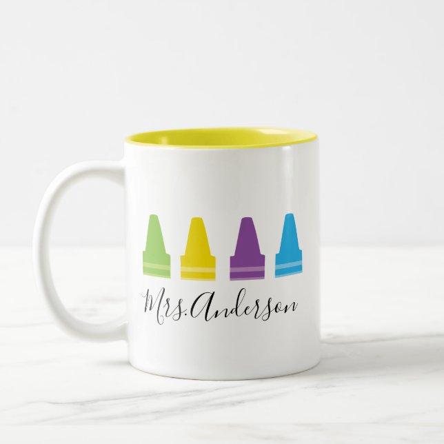 Personalized Crayon Teacher Mug, Cute Teacher Mug, Two-Tone Coffee Mug (Left)