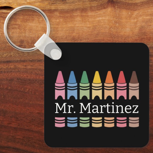 Personalized Crayon Teacher Name Cute Back School Keychain (Front)