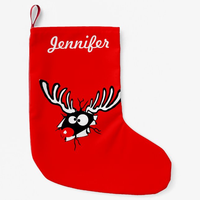 Personalized Crazy Red Nosed Reindeer Small Christmas Stocking (Front)