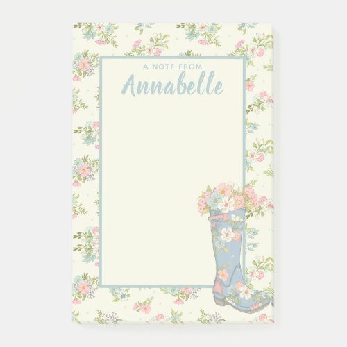 Personalized Cream and Blue Floral Rain Boot Post_it Notes