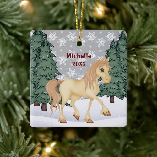 Personalized Cream Horse Winter Forest Christmas Ceramic Ornament