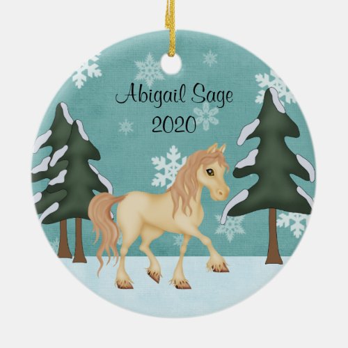 Personalized Cream Horse  Winter Forest Christmas Ceramic Ornament