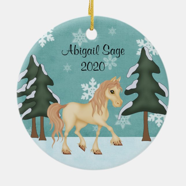 Personalized Cream Horse ~ Winter Forest Christmas Ceramic Ornament (Back)