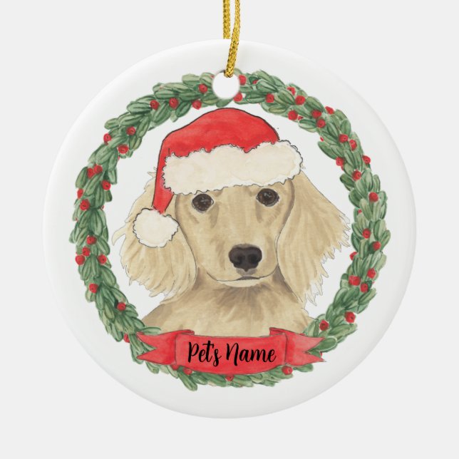Personalized Cream Long Haired Dachshund Christmas Ceramic Ornament (Front)