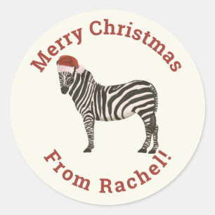 Personalized Cream Merry Christmas Santa Zebra Classic Round Sticker