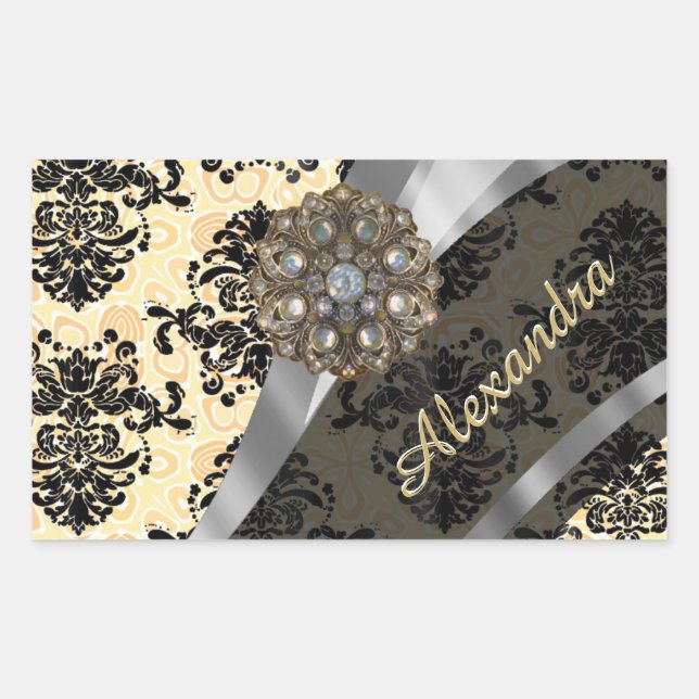 Personalized cream pretty girly damask pattern rectangular sticker (Front)