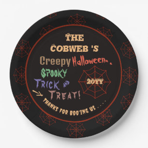 Personalized Creepy Colorful Halloween Spider Web Paper Plates