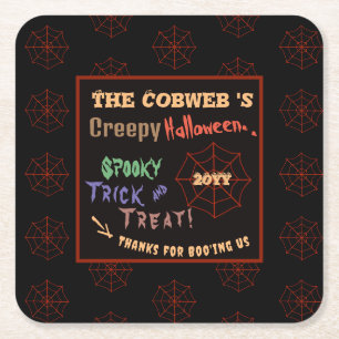 Personalized Creepy Colorful Halloween Spider Web Square Paper Coaster