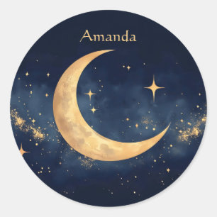 Personalized Crescent Moon and Stars Night Sky Classic Round Sticker