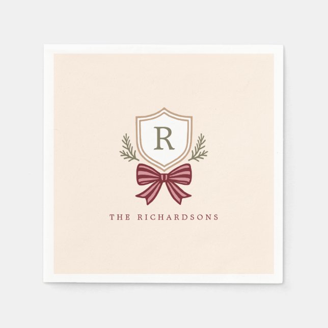 Personalized Crest Bow Monogram Christmas Party Napkins (Front)