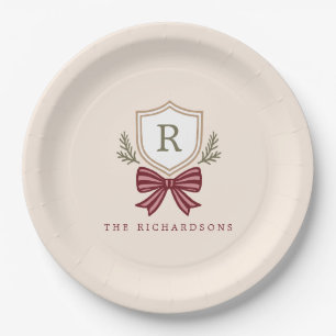 Personalized Crest Bow Monogram Christmas Party Paper Plates
