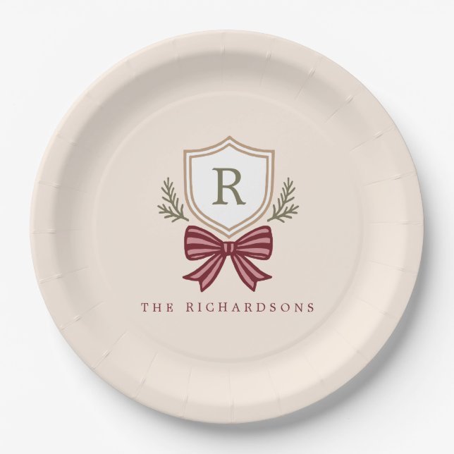 Personalized Crest Bow Monogram Christmas Party Paper Plates (Front)
