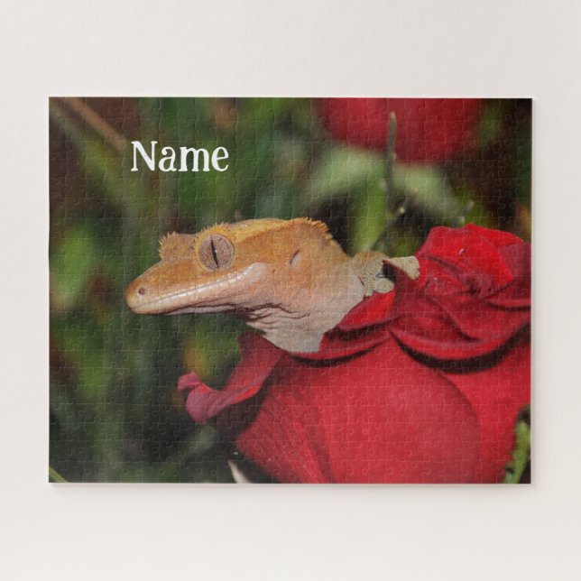 Personalized Crested Gecko Lizard on a Rose Jigsaw Puzzle (Horizontal)