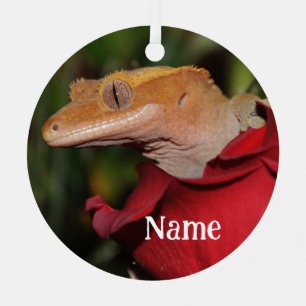 Personalized Crested Gecko Lizard on a Rose Metal Ornament