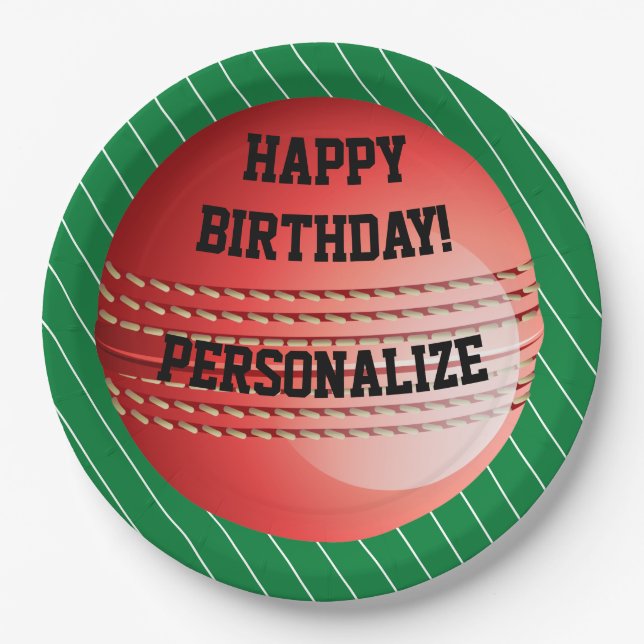 Personalized Cricket Ball Happy Birthday Paper Plates (Front)