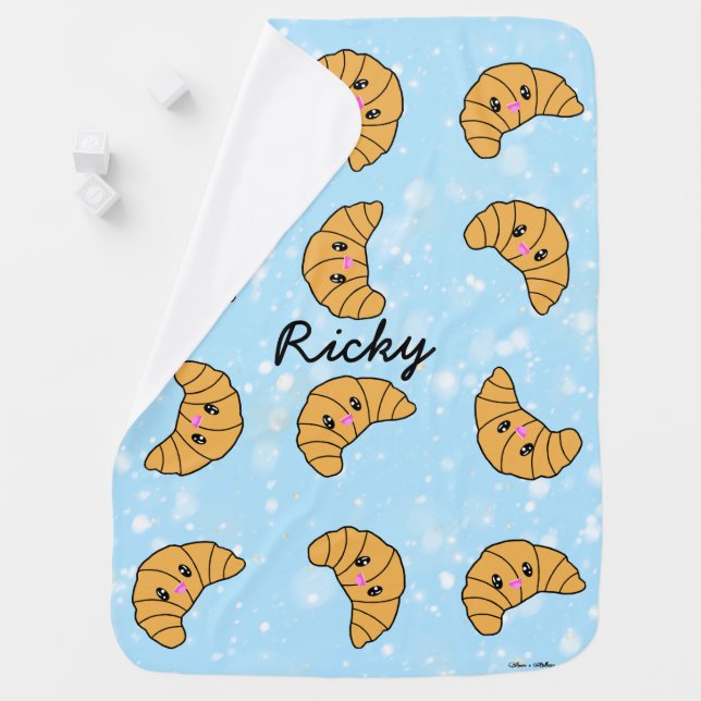 Personalized Croissant Cute Pink Paris Bakery Blue Baby Blanket (In Situ)