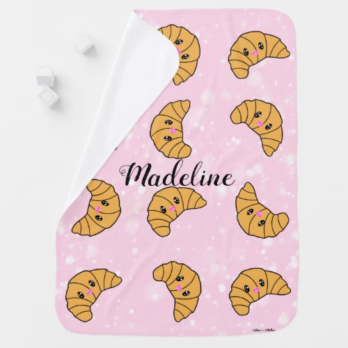 Personalized Croissant Cute Pink Paris Bakery Food Baby Blanket
