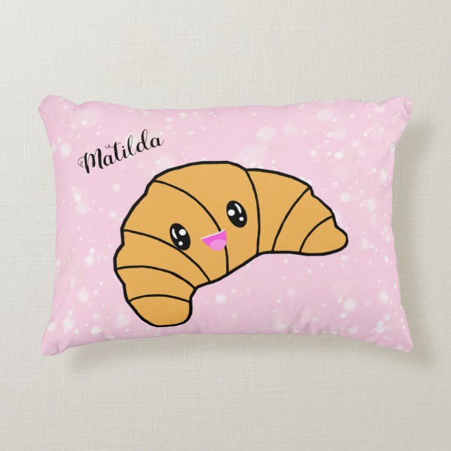 Personalized Croissant Paris Bakery Pink Girls Accent Pillow (Front)