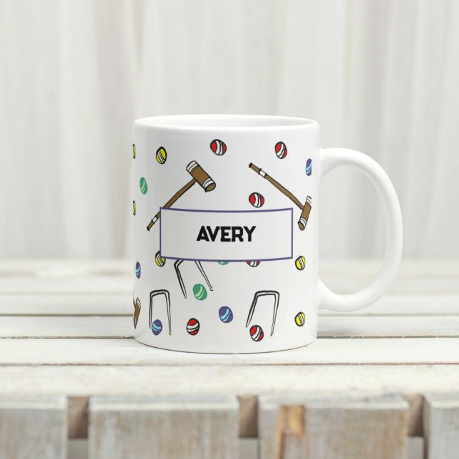 Personalized Croquet Mallets Hand-Illustrated Boho Coffee Mug (This personalized croquet pattern is hand-drawn and unique. A great gift for a croquet player!
)