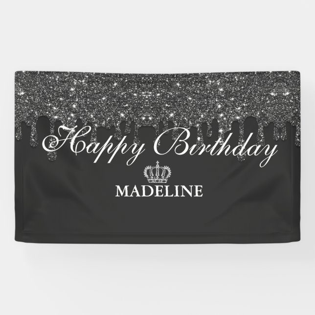 Personalized Crown Dripping Glitter Birthday  Banner (Horizontal)