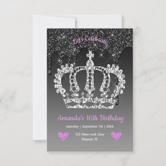Personalized Crown & Dripping Glitter Birthday  Invitation (Front)