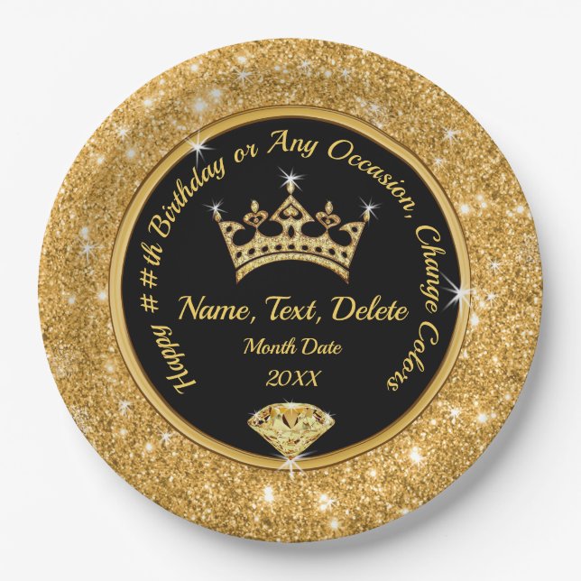 Personalized Crown Plates, Queen Theme Party Paper Plates (Front)