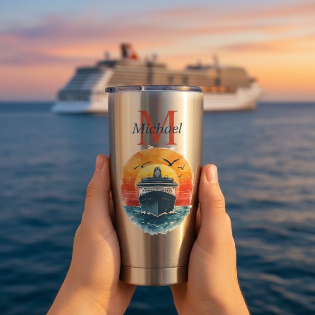Personalized Cruise Ship Sunset Vacation  Insulated Tumbler (Family vacation cruise drink cup custom name gift)