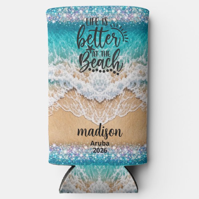 Personalized Cruise Vacation Name cozy beach  Seltzer Can Cooler (Front)