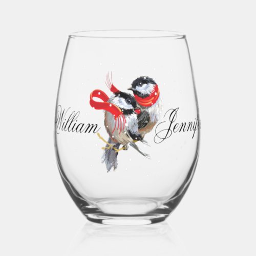Personalized Cuddling Chickadees Christmas Stemless Wine Glass